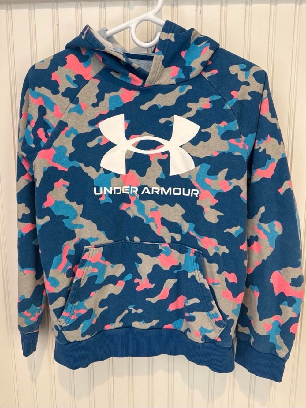 Under Armour Blue Camo Hoodie with Pink & Gray Accents